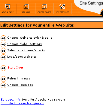 Site Settings menu