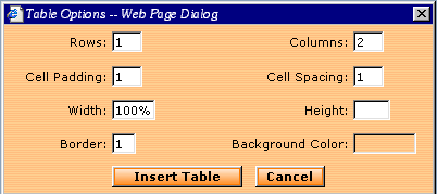 Table options dialog